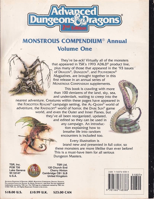 AD&D - Monstrous compendium annual volume One - Rollespilsbog (B-Grade) (Genbrug)